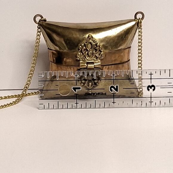 Vintage Copper & Brass Pillow Purse Handbag w/ Chain 17" DropBrown Velvet Lining - Picture 4 of 4